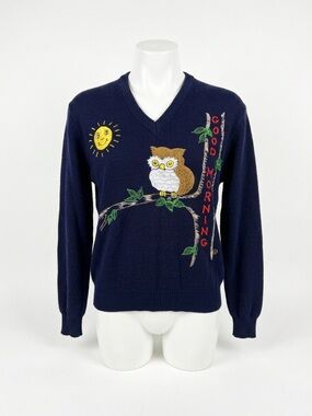 Vintage 1970s Shirlee Designs Cyn-Les Navy Owl Embroidered Sweater Good Morning